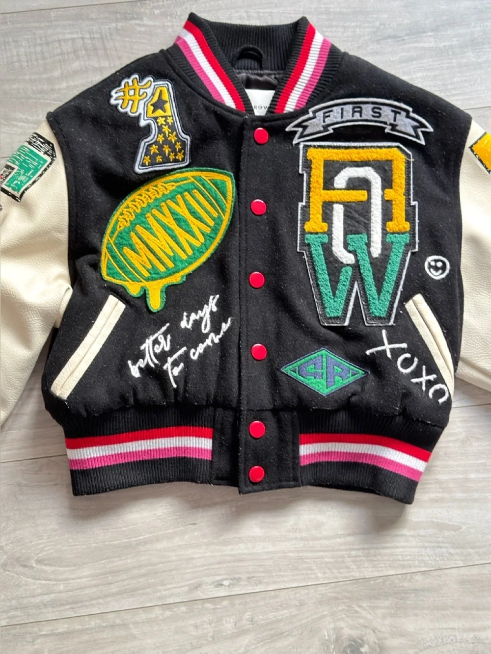 Kids Black Patchwork Varsity Jacket - First Row Inspired